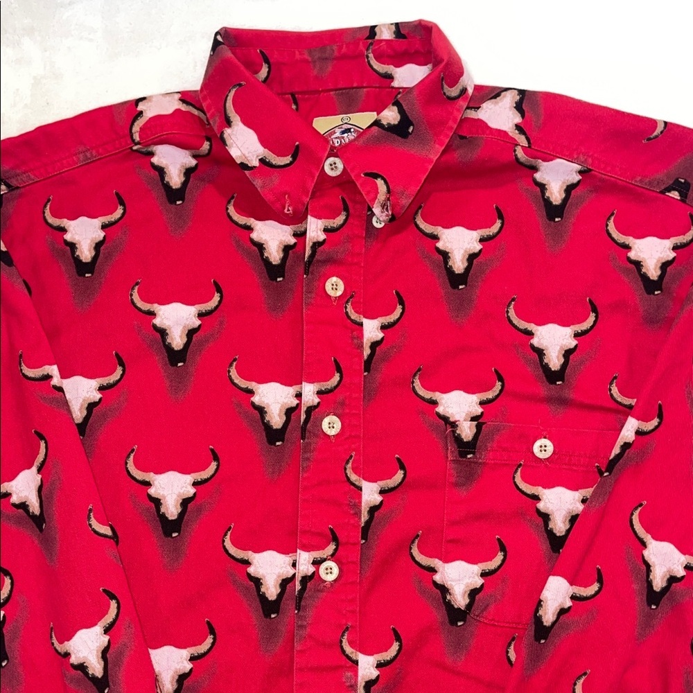 Vintage Women’s Barn Fly Bull Skull Print Button-Up Shirt, Size Medium